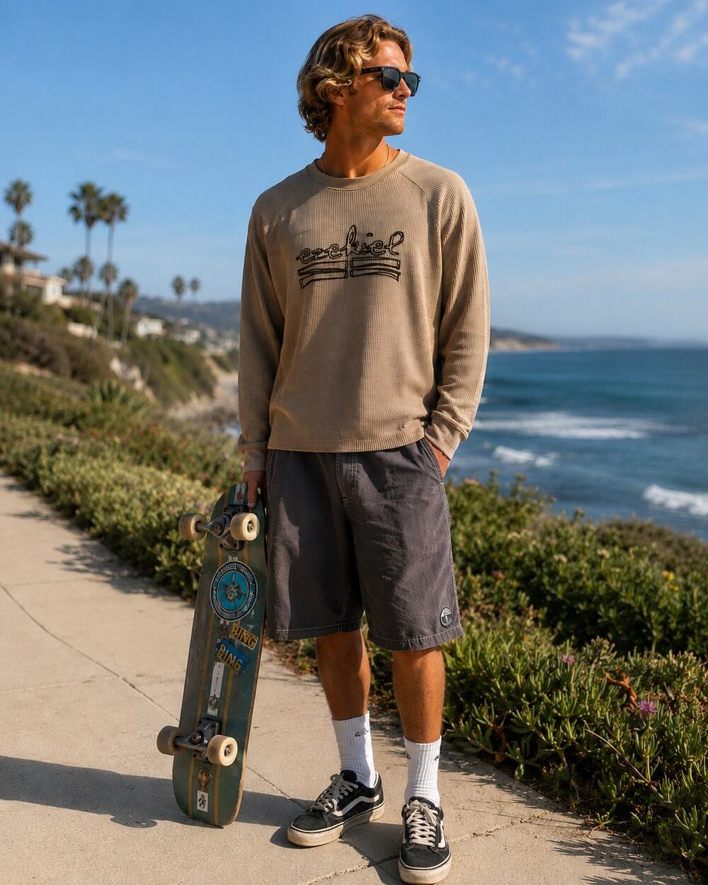 Vintage Ezekiel Thermal Surf Skate Long Sleeve Tan Shirt Size Large Y2K Cali